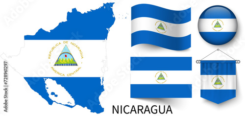 The various patterns of the Nicaragua national flags and the map of the Nicaragua borders