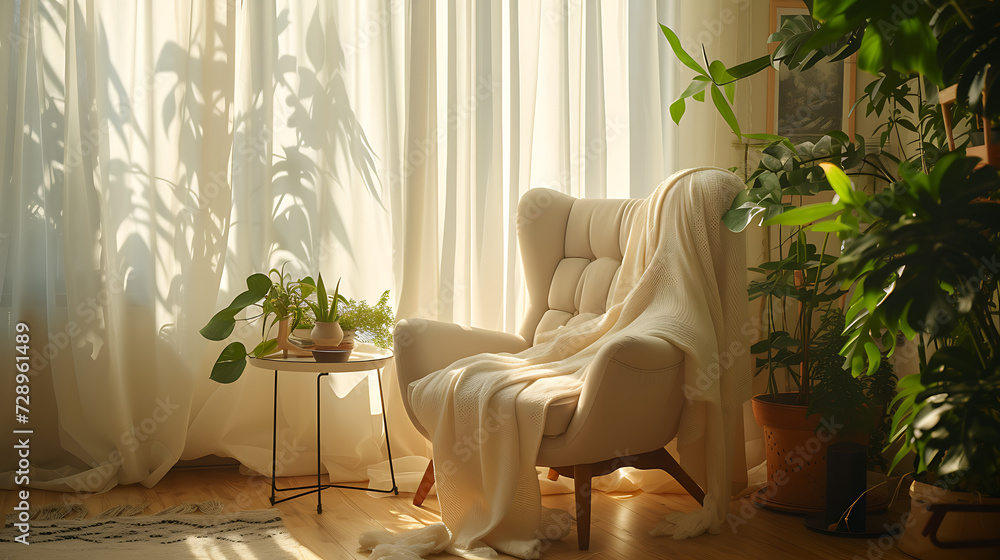 Um quarto espaçoso e sereno com luz natural suave filtrando através de cortinas translúcidas - obrazy, fototapety, plakaty 
