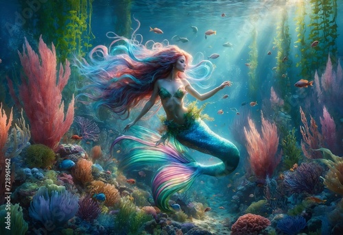 a mermaid swimming gracefully among an underwater forest of seaweed and coral
