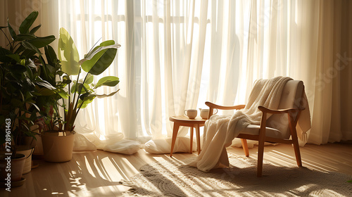 Um quarto espaçoso e sereno com luz natural suave filtrando através de cortinas translúcidas