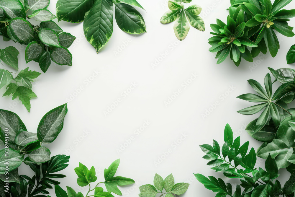 Top view green leaves frame border on white background, Flat lay Minimal Top view green leaves frame border on white background, Flat lay Minimal