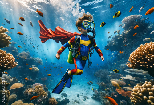 a child in a superhero costume with diving gear, exploring a vibrant underwater world