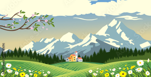vector design of natural scenery in beautiful countryside, with plantation fields and clear skies
