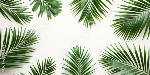 Top view tropical plants and palm tree leaves on white background, Flat lay Minimal fashion summer holiday vacation concept photo