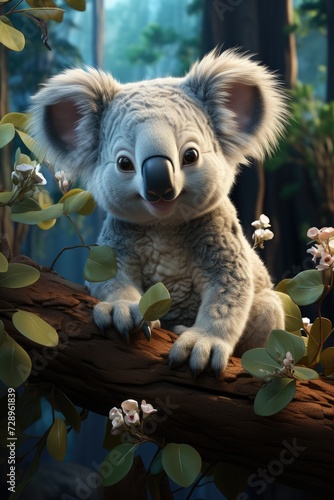 Cute fluffy koala on the background of a green landscape.