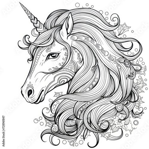 Cute cartoon unicorn with a luxurious mane in flowers, coloring book. © Boomanoid