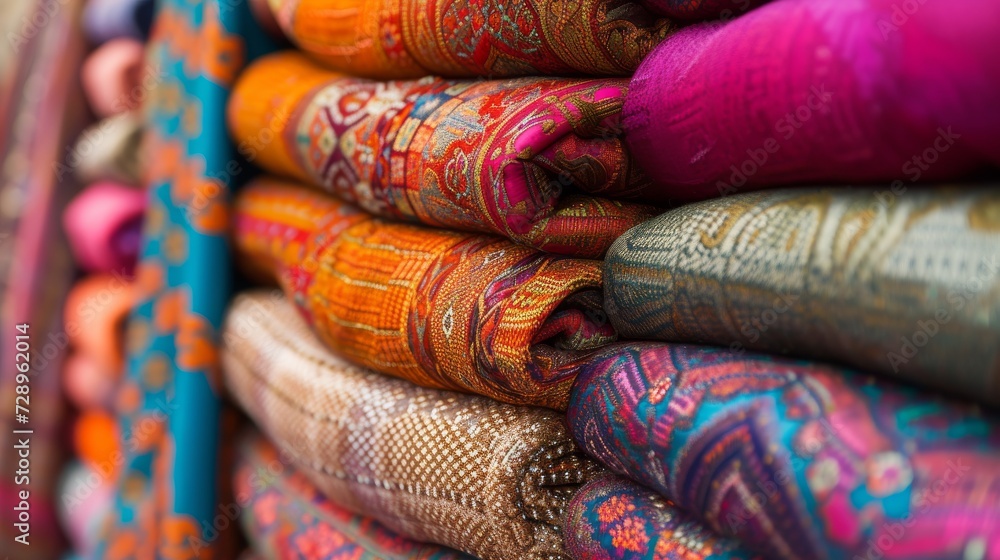 variety of colorful and intricately designed rugs and carpets stacked and displayed in a market or shop setting