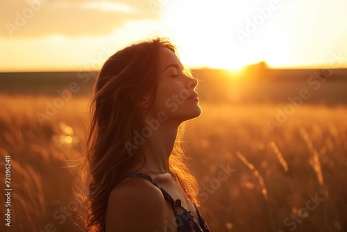 Backlit portrait of a serene and content woman enjoying a beautiful moment in life Standing in a field at sunset Embodying freedom and happiness © Bijac