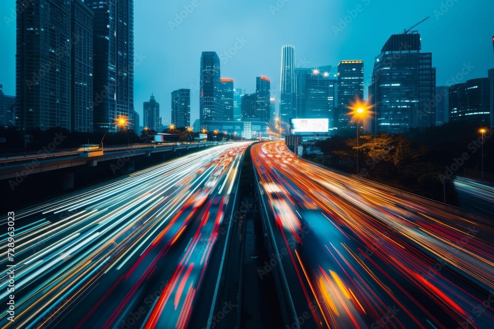 Motion blur capturing the hustle and bustle of a busy urban highway during rush hour With a backdrop of the city skyline lit by the glow of countless vehicle lights Motion blur capturing the hustle and bustle of a busy urban highway during rush hour With a backdrop of the city skyline lit by the glow of countless vehicle lights