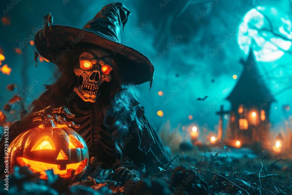 Spooky halloween season scene featuring a monstrous skull Crossbones A witch with a pumpkin Set against a chilling october night backdrop