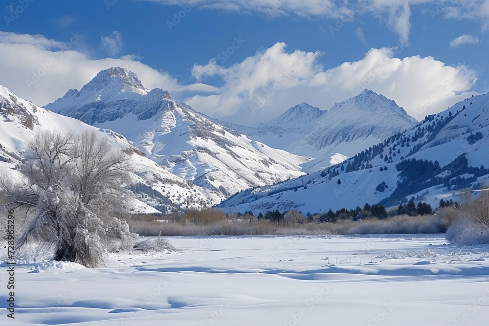 Winter landscape showcasing majestic mountains and serene snow-covered fields Creating a picturesque and tranquil scene