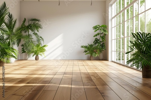 Spacious Empty room with a minimalist design Featuring a wooden floor and tastefully placed green plants Creating a serene and inviting space