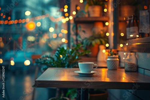 Stunning coffee shop photograph showcasing a cozy shelf and table setup Enhanced with a magical bokeh effect in the background Ideal for cafe or restaurant decor