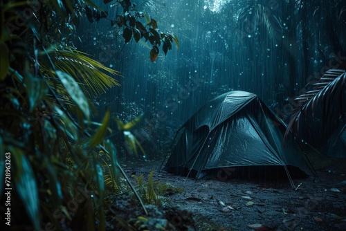 Tranquil camping scene depicting raindrops on a tent amidst a quiet Tropical forest at night Perfect for themes of relaxation Meditation And peacefulness