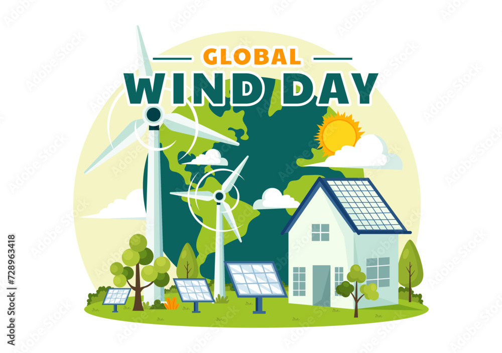Global Wind Day Vector Illustration on June 15 with Earth Globe and Winds Turbines for Power and Energy Systems on Blue Sky in Flat Cartoon Background
