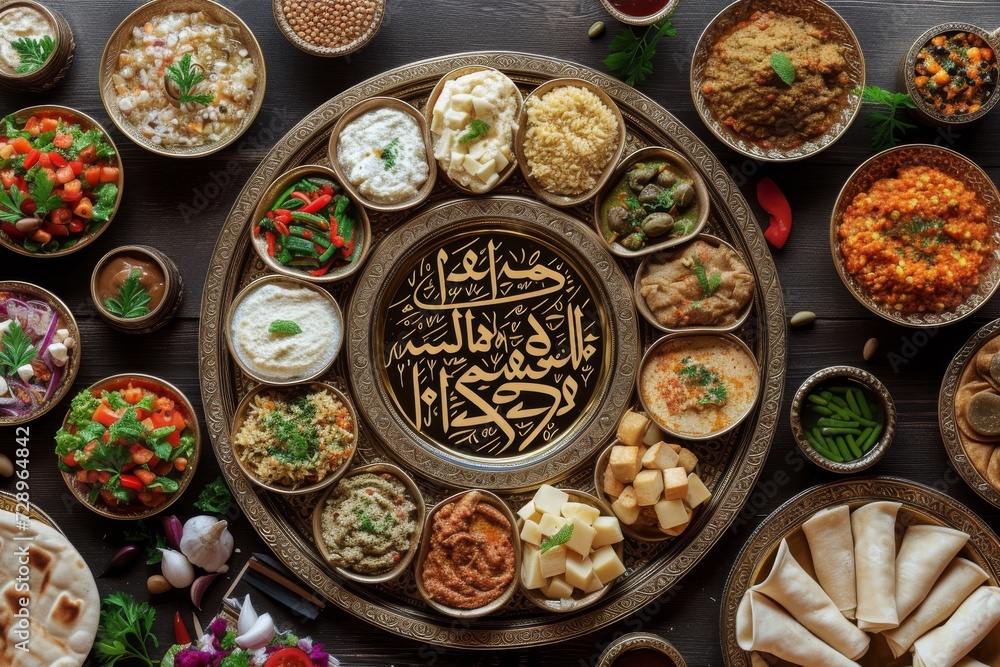 Fototapeta premium array of Middle Eastern dishes arranged on a large decorative tray and surrounding smaller bowls