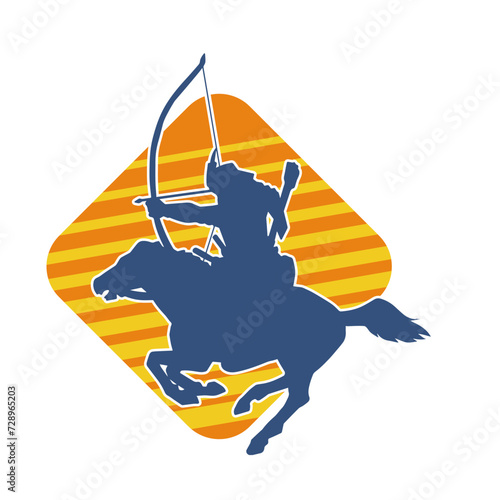 Silhouette of an ancient cavalry soldier aiming with archery weapon. Silhouette of an archer on his running horse.