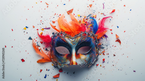 Venetian Carnival Mask Adorned with Red Feathers Enhances the Mystery and Glamour of a Masquerade, Featuring a Woman in a Beautiful Costume, Artfully Applied Makeup, and Intriguing Black Eyes