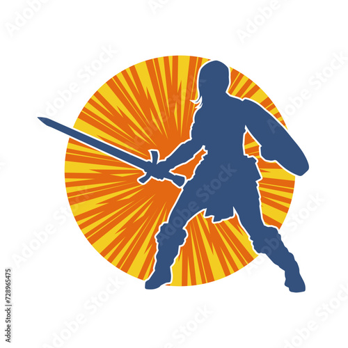 Silhouette of a female warrior in battle armor carrying sword weapon and iron shield.