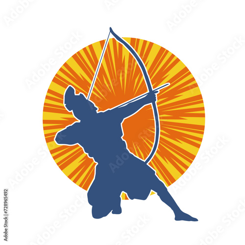 Silhouette of a male archer warrior in action pose. Silhouette of a man fighter carrying archery weapon.