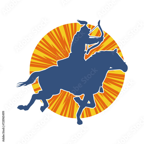 Silhouette of an ancient cavalry soldier aiming with archery weapon. Silhouette of an archer on his running horse.