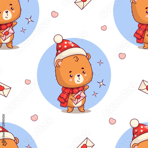 Seamless pattern with cute bear cub with love letter on white background. Funny kawaii winter animal character. Vector illustration. Holiday romantic valentine backdrop. Kids collection