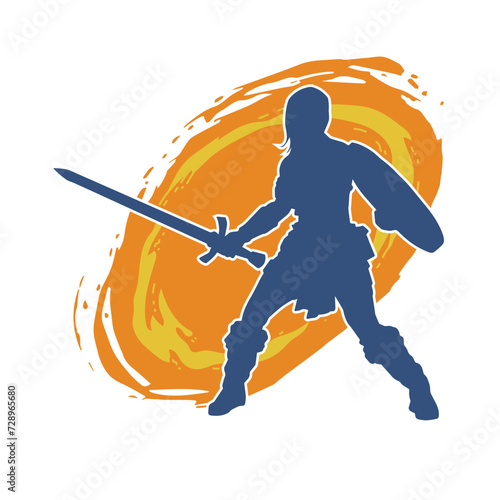 Silhouette of a female warrior in battle armor carrying sword weapon and iron shield.