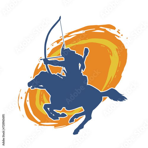 Silhouette of an ancient cavalry soldier aiming with archery weapon. Silhouette of an archer on his running horse.