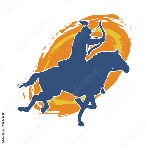Silhouette of an ancient cavalry soldier aiming with archery weapon. Silhouette of an archer on his running horse.