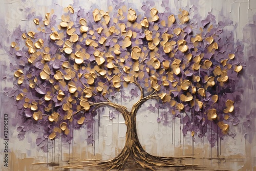 A purple and golden color painting of tree of life