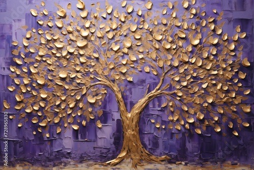 A purple and golden color painting of tree of life