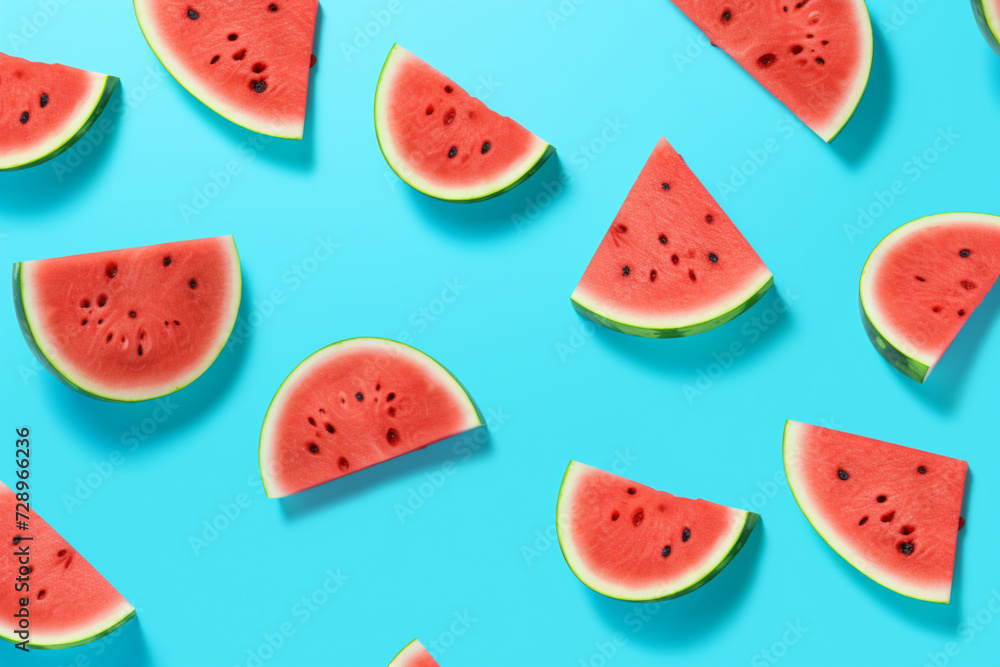Slices of watermelon on blue wooden desk Slices of watermelon on blue wooden desk