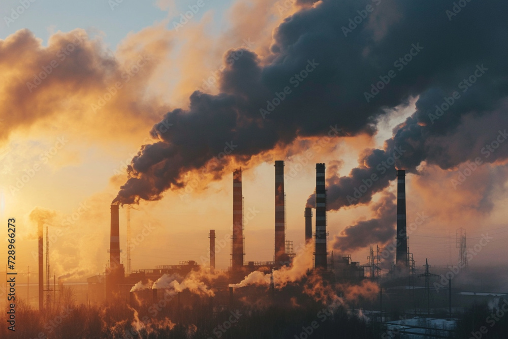 Industrial plant with smoking chimneys on a background of blue sky. Carbon trading & climate change concept