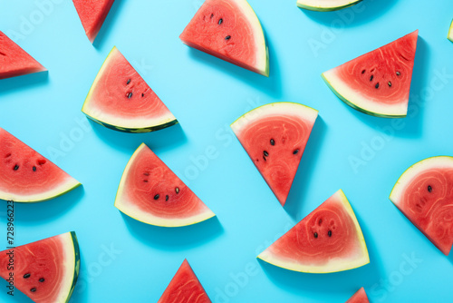 Slices of watermelon on blue wooden desk