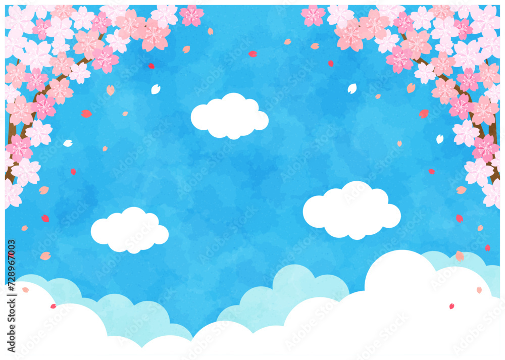 桜、青空、春、背景、イラスト、かわいい、横型、水彩