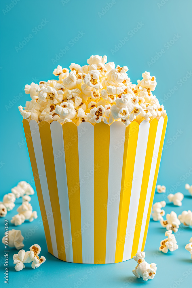 Delicious popcorn in yellow striped carton bucket box with copy space