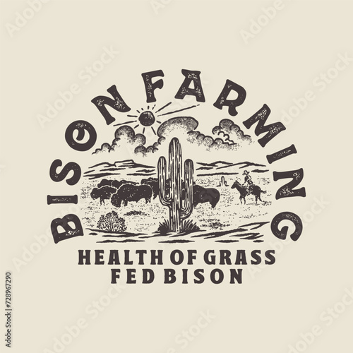 desert illustration bison graphic cactus design landscape vintage badge farmer