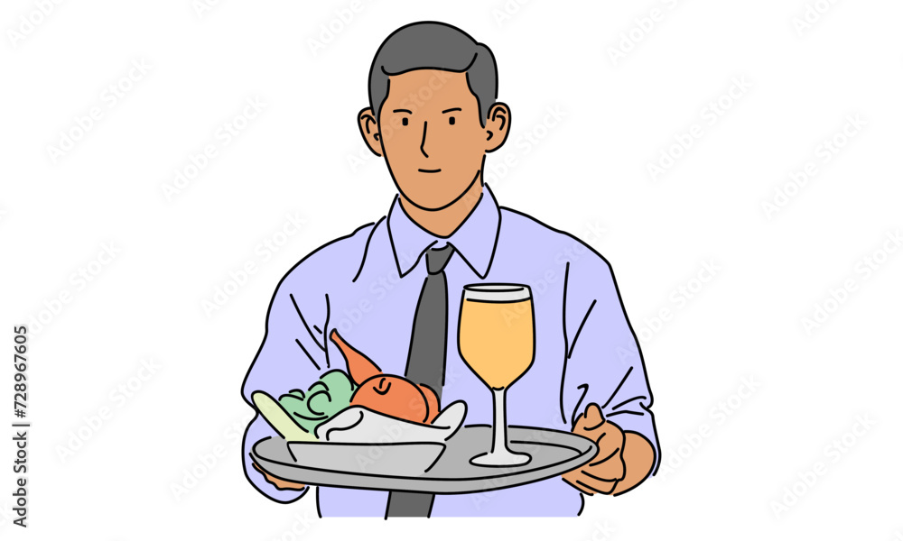 line art color of waiter holding a serving tray vector illustration