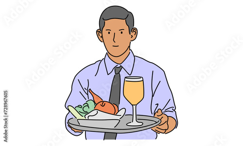 line art color of waiter holding a serving tray vector illustration