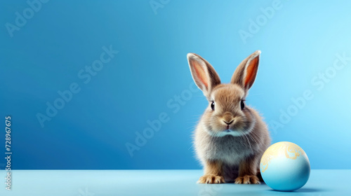 Easter Bunny Delights: Adorable Rabbit with Blue Painted Egg, Plenty of Copy Space