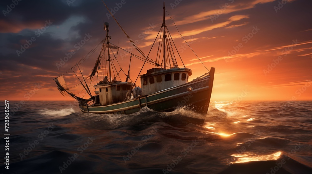 trawl fishing boat sailing in open waters, with a twilight background. generative ai trawl fishing boat sailing in open waters, with a twilight background. generative ai