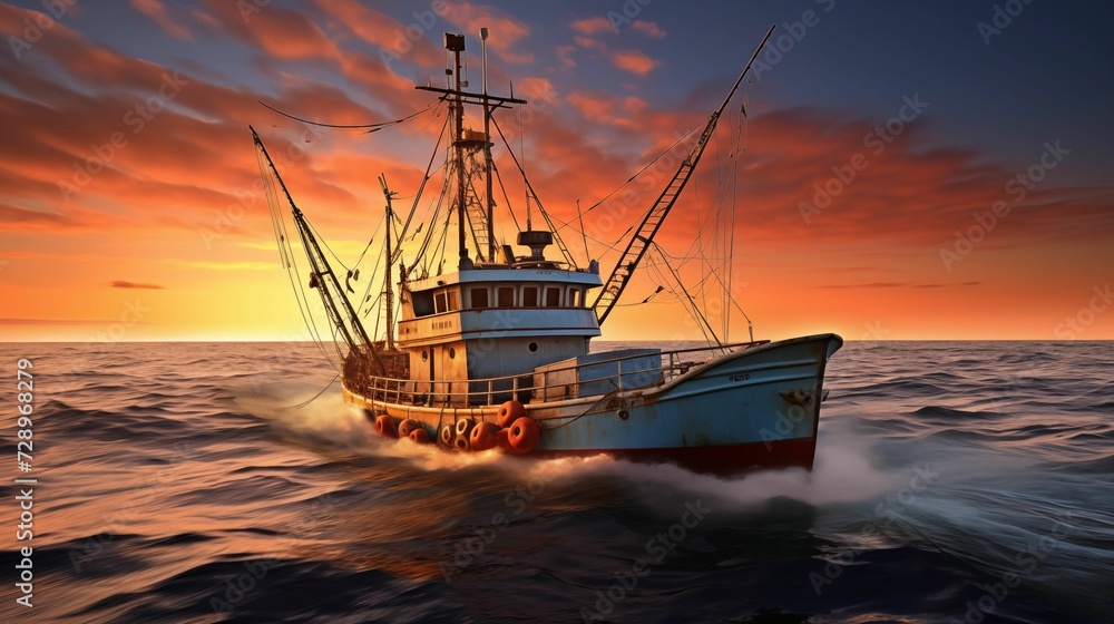 trawl fishing boat sailing in open waters, with a twilight background. generative ai trawl fishing boat sailing in open waters, with a twilight background. generative ai