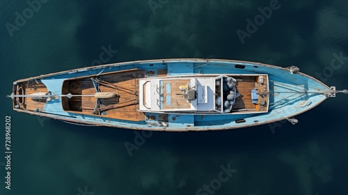 Aerial top view ultra wide photo of beautiful traditional fishing boat. generative ai © KBL Sungkid