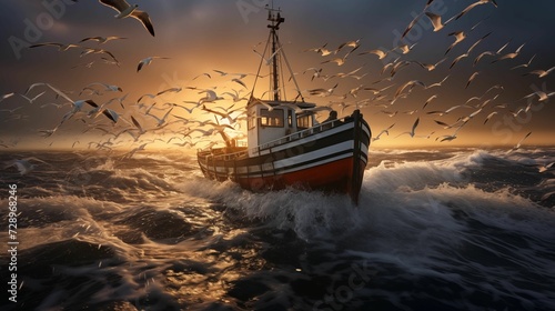 The fishing boat returns with many seagulls looking for food. generative ai
