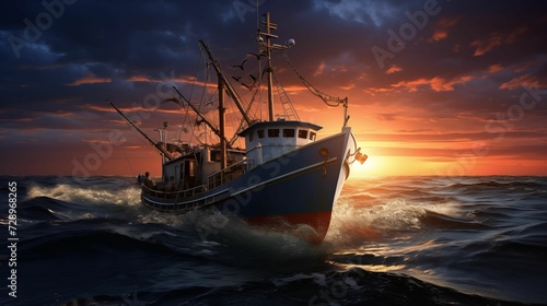 trawl fishing boat sailing in open waters, with a twilight background. generative ai