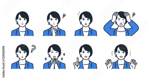 若いビジネスウーマンの表情アイコンイラストセット素材