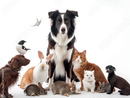 Group of pets posing around a border collie: dog, cat, ferret, rabbit, bird, fish, rodent © Nyetock