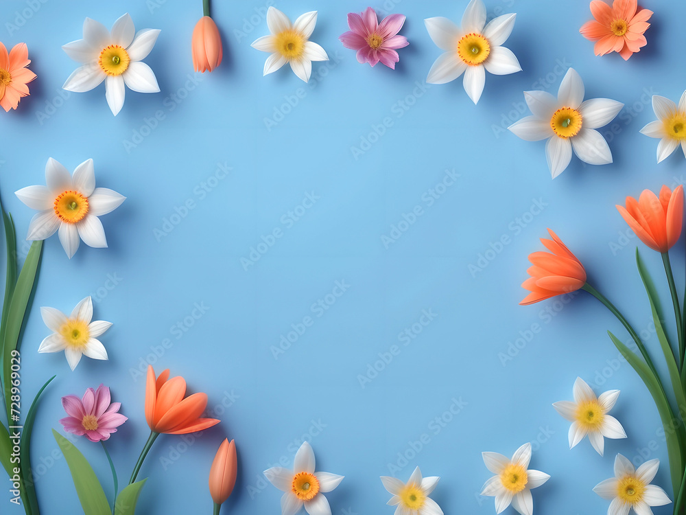 Frame of beautiful flowers on a blue paper background. Copy space, top view.