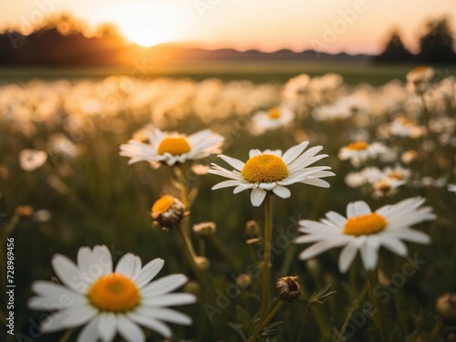 Beautiful daisies in the field at sunset. Nature background