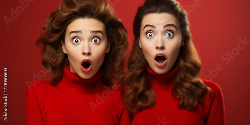 shocked blonde and brunette women looking at camera isolated on red background © Graphicsstudio 5